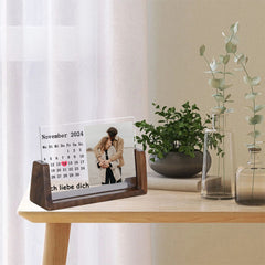 Personalisierter Acryl-LED-Bilderrahmen mit Holzsockel – Individueller Kalender, Foto & Botschaft, Perfektes Geschenk für Muttertag & Jubiläum