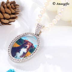 Personalisierte Perlen Kette mit Foto Bild – Ovaler Anhänger mit Zirkonia für Sie