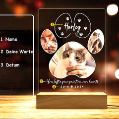 Personalisierter Beleuchteter Haustiere Bilderrahmen mit 3 Fotos & Gravur - Hundepfote Holzsockel,Gedenk Geschenke für Hunde & Katzen