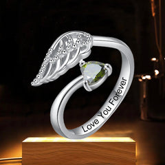 Personalisierter offener Ring mit Herz-Geburtsstein und Engelsflügel Innengravur Ring – Perfektes Geschenk für Sie zum Muttertag Jahrestag