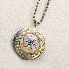 Personalisierte Foto Medaillon Runder Kette mit antiker Kupferblumenrelief & Resin Schmetterling Vogel Eiffelturm,Erinnerungs Geschenk