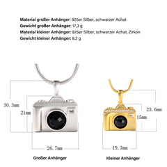 925 Silber Personalisierte Foto Medaillon Kette mit Bilder & Text– 3D Kamera Anhänger mit Onyx,Erinnerungs Geschenk für Männer Frauen Partner