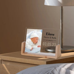 Personalisierter LED-Bilderrahmen mit Foto und Gravur – Individuelles Neugeborenen-Geschenk mit Name, Geburtszeit, Gewicht und Größe