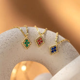 925 Silber Personalisierte Geburtsstein kette mit Wellenkette – Kleeblätter im Rhombisches Anhänger, Geschenke für Sie