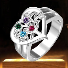 925 Silber Personalisierter Lebensbaum Herz Geburtsstein Ring mit Gravur - Familienring mit Namen, Geschenk für Mama Oma