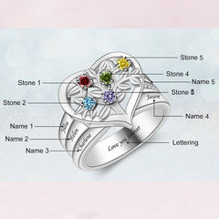 925 Silber Personalisierter Lebensbaum Herz Geburtsstein Ring mit Gravur - Familienring mit Namen, Geschenk für Mama Oma
