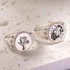 Personalisierter 925 Silber Ring mit Gravur – Sonnenblume mit Foto, Geburtsblume oder Name