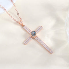 Personalisierte Silber Luxuriöse Glitzer Kreuz Kette mit Bild im Stein – Funkelndes Kreuz mit Foto Projektion