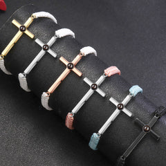 925 Silber Personalisierte Handgemachtes Geflochtenes Armband mit Bild im Stein - Sterlingsilber Kreuz Anhänger