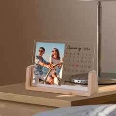 Personalisierter Acryl-LED-Bilderrahmen mit Holzsockel – Individueller Kalender, Foto & Botschaft, Perfektes Geschenk für Muttertag & Jubiläum