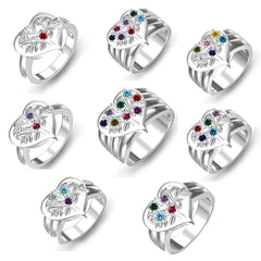 925 Silber Personalisierter Lebensbaum Herz Geburtsstein Ring mit Gravur - Familienring mit Namen, Geschenk für Mama Oma