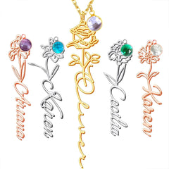 Personalisierte Y-Kette mit vertikalem Namensanhänger, Geburtsblume & Geburtsstein – Perfektes Geschenk