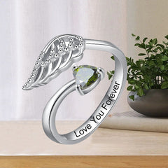Personalisierter offener Ring mit Herz-Geburtsstein und Engelsflügel Innengravur Ring – Perfektes Geschenk für Sie zum Muttertag Jahrestag