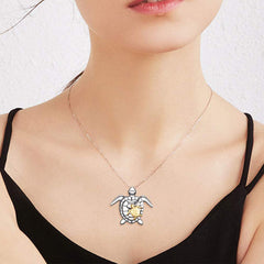 Personalisierte 925 Silber Foto Medaillon Kette – Große Schildkröte mit kleiner goldener Schildkröte, Warmes Liebevolles Geschenk für Mutter