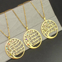 Personalisierte Geburtssteinkette mit Namensgravur – Lebensbaum im Kreis, Perfektes Geschenk für Mama und Oma