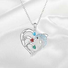 Personalisierte Geburtssteinkette mit Namensgravur – Delfin jagt Wellen Herz Anhänger, Kreative Geschenke für Familie & Team