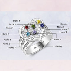 925 Silber Personalisierter Lebensbaum Herz Geburtsstein Ring mit Gravur - Familienring mit Namen, Geschenk für Mama Oma