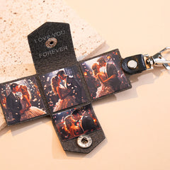 Personalisierter Foto Leder Schlüsselanhänger, Minialbum, Kleine Tasche, 3-4 Bilder & Text, Kreatives Geschenk für ihn