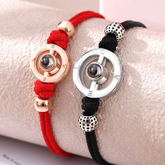 925 Silber Personalisierte Paar Armbänder mit Bild im Stein - Kreis mit Gravur 'LOVE', Romantisches Geschenk für Paare & Freunde