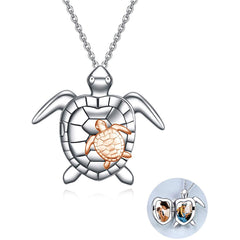 Personalisierte 925 Silber Foto Medaillon Kette – Große Schildkröte mit kleiner goldener Schildkröte, Warmes Liebevolles Geschenk für Mutter