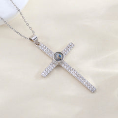Personalisierte Silber Luxuriöse Glitzer Kreuz Kette mit Bild im Stein – Funkelndes Kreuz mit Foto Projektion
