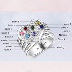 925 Silber Personalisierter Lebensbaum Herz Geburtsstein Ring mit Gravur - Familienring mit Namen, Geschenk für Mama Oma