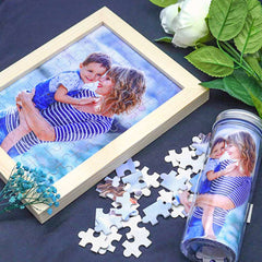 Personalisierbares DIY Holz Puzzle mit Foto – Bild im Rahmen oder Flasche – Persönliches Geschenk für Familie, Freunde & Partner