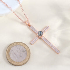 Personalisierte Silber Luxuriöse Glitzer Kreuz Kette mit Bild im Stein – Funkelndes Kreuz mit Foto Projektion