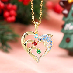 Personalisierte Geburtssteinkette mit Namensgravur – Delfin jagt Wellen Herz Anhänger, Kreative Geschenke für Familie & Team