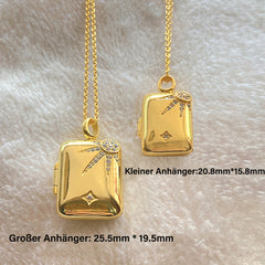 Personalisierte 925 Silber Foto Medaillon Kette – Buch Anhänger mit Sonne und Sternen, Platz für Bilder, Notizen und Haare, Kreatives Geschenk