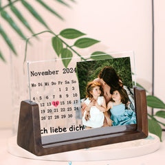 Personalisierter Acryl-LED-Bilderrahmen mit Holzsockel – Individueller Kalender, Foto & Botschaft, Perfektes Geschenk für Muttertag & Jubiläum