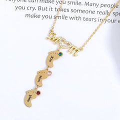 Personalisierte Namenskette mit Geburtsstein MOM & Babyfuß Anhänger– Perfekte Geschenk für Mom Oma Sie