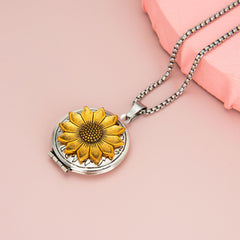 Personalisierte Foto Medaillon Kette mit Bilder &Text – Runder Anhänger mit Gold Sonnenblume und Biene, Perfekter Geschenk für Mama Frauen