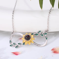 925 Silber Foto Projektionskette - Unendlichkeits-Anhänger mit goldener Sonnenblume und grünen Zweigen, Personalisiertes Geschenk für Sie