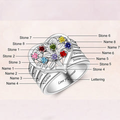 925 Silber Personalisierter Lebensbaum Herz Geburtsstein Ring mit Gravur - Familienring mit Namen, Geschenk für Mama Oma