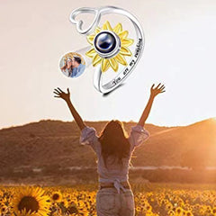 925 Silber Sonnenblumen-Sonnen Herz Fotoprojektion Ring mit Bild im Stein– Perfekte Geschenk für Sie