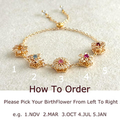 Personalisiertes Drehbares Geburtsblumen Armband mit Geburtssteinen – 1–9 Blumen wählbar, spielbarer Schmuck Geschenk für Sie