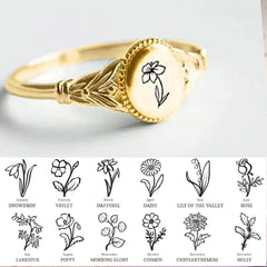 Personalisierter 925 Silber Ring mit Gravur – Sonnenblume mit Foto, Geburtsblume oder Name