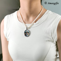 Personalisierte Perlen Kette mit Foto Bild – Ovaler Anhänger mit Zirkonia für Sie