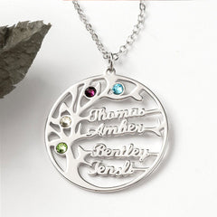 Personalisierte Geburtssteinkette mit Namensgravur – Lebensbaum im Kreis, Perfektes Geschenk für Mama und Oma