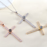 Personalisierte Silber Luxuriöse Glitzer Kreuz Kette mit Bild im Stein – Funkelndes Kreuz mit Foto Projektion