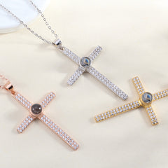 Personalisierte Silber Luxuriöse Glitzer Kreuz Kette mit Bild im Stein – Funkelndes Kreuz mit Foto Projektion