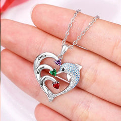 Personalisierte Geburtssteinkette mit Namensgravur – Delfin jagt Wellen Herz Anhänger, Kreative Geschenke für Familie & Team