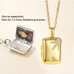 Personalisierte 925 Silber Foto Medaillon Kette – Buch Anhänger mit Sonne und Sternen, Platz für Bilder, Notizen und Haare, Kreatives Geschenk