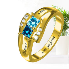 Personalisierter 925 Silber Ring mit zwei Geburtssteinen – Quadratischer Diamantring,Perfektes Geschenk für Mama oder die Liebste