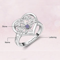 925 Silber Personalisierter Lebensbaum Herz Geburtsstein Ring mit Gravur - Familienring mit Namen, Geschenk für Mama Oma