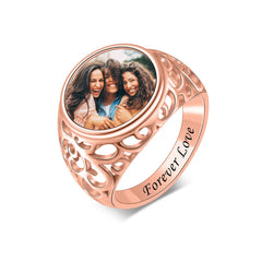 Personalisierter Runder Hohl Retro Muster Ring mit Foto und Innengravur - Erinnerungsgeschenk für Ehefrau, Mama und Oma