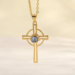 925 Silber Ring Keltisches Kreuz Projektion Kette mit Bild im Stein – Personalisierbar Erinnerungsgeschenk mit Foto & Gravur