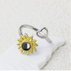 925 Silber Sonnenblumen-Sonnen Herz Fotoprojektion Ring mit Bild im Stein– Perfekte Geschenk für Sie
