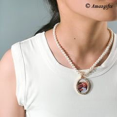 Personalisierte Perlen Kette mit Foto Bild – Ovaler Anhänger mit Zirkonia für Sie